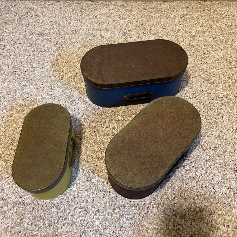Vintage Style Nesting Metal Tins Set of 3 Oval Storage Boxes Label Holders